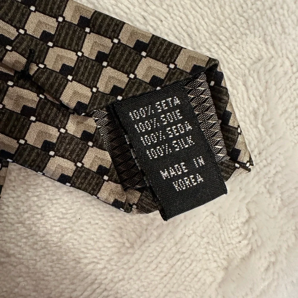 Bergamo New York Silk‎ Necktie Mens Checkered Geometric Pattern Black Beige
